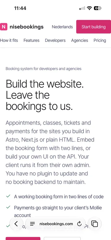 Screenshots van nisebookings op mobiel